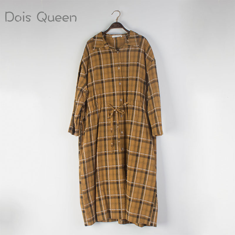 Dois Queen彩后台北 新款女装文艺百搭 韩版长袖单排扣格子连衣裙