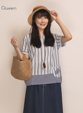 DoisQueen彩后台北棉麻条纹上衣女t恤夏气质百搭森女日系女装