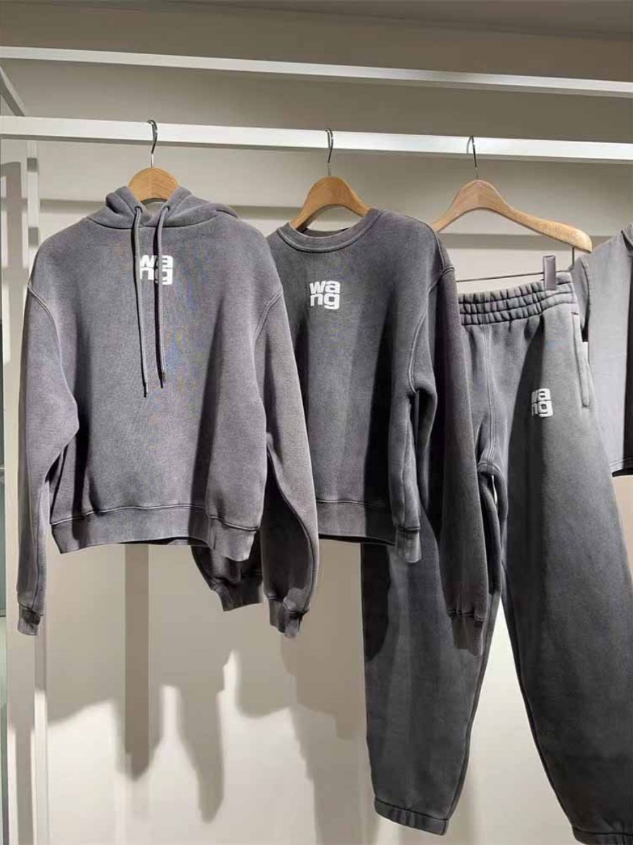 ALEXANDER-BIRD 여성용 워싱 블랙 및 그레이 올드 캐주얼 스포츠 슈트 킹 레터 패션 스웨트셔츠 및 스웨트팬츠