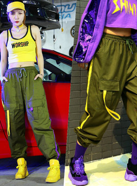 高腰军绿色工装裤女爵士跳舞练功嘻哈潮ins休闲运动束脚街舞裤子