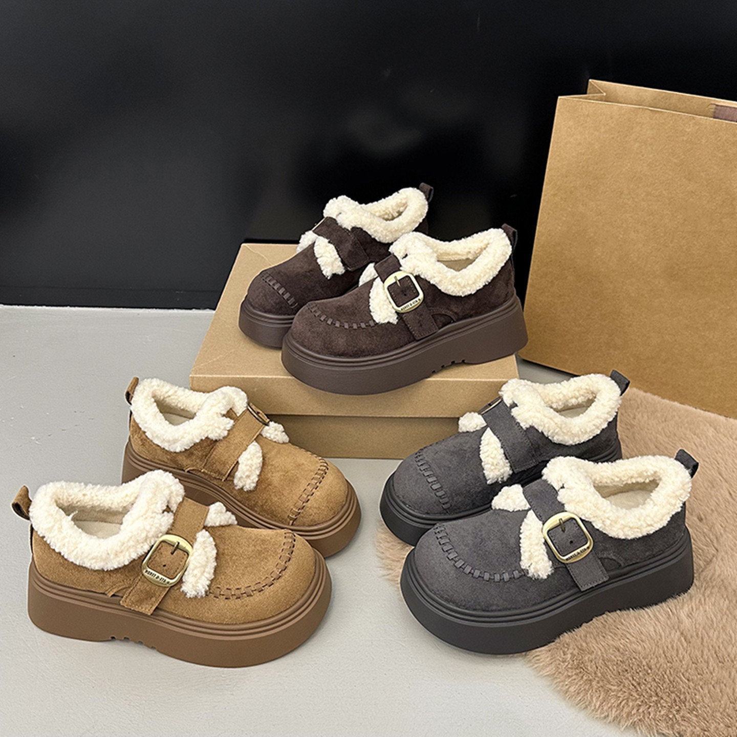 2025年新款冬季松糕厚底深口单鞋