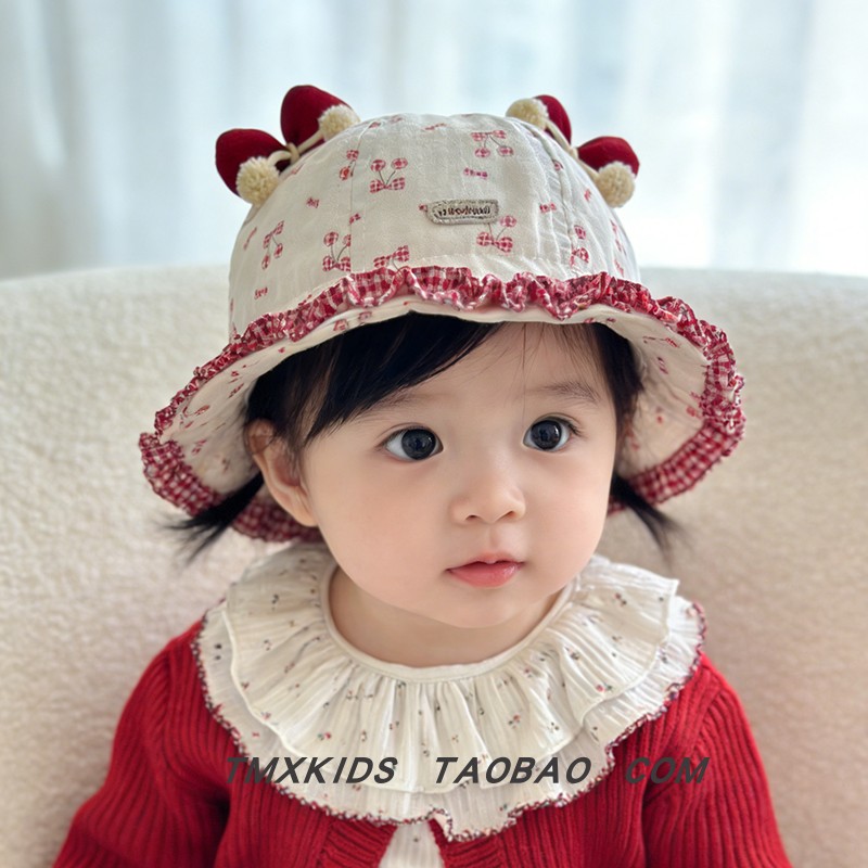 婴儿帽子春秋季女宝樱桃荷叶边渔夫帽蝴蝶结格子防晒遮阳盆帽,童装/婴儿装/亲子装,帽子,淘宝优惠券,粉丝福利购,淘宝优惠卷
