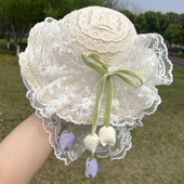 夏季 女童草帽儿童遮阳防晒帽子蕾丝蝴蝶结女宝宝沙滩小女孩太阳帽