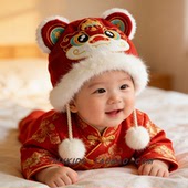 新年醒狮毛绒帽男宝宝女宝冬季 保暖红色套头帽儿童国潮拜年虎头帽