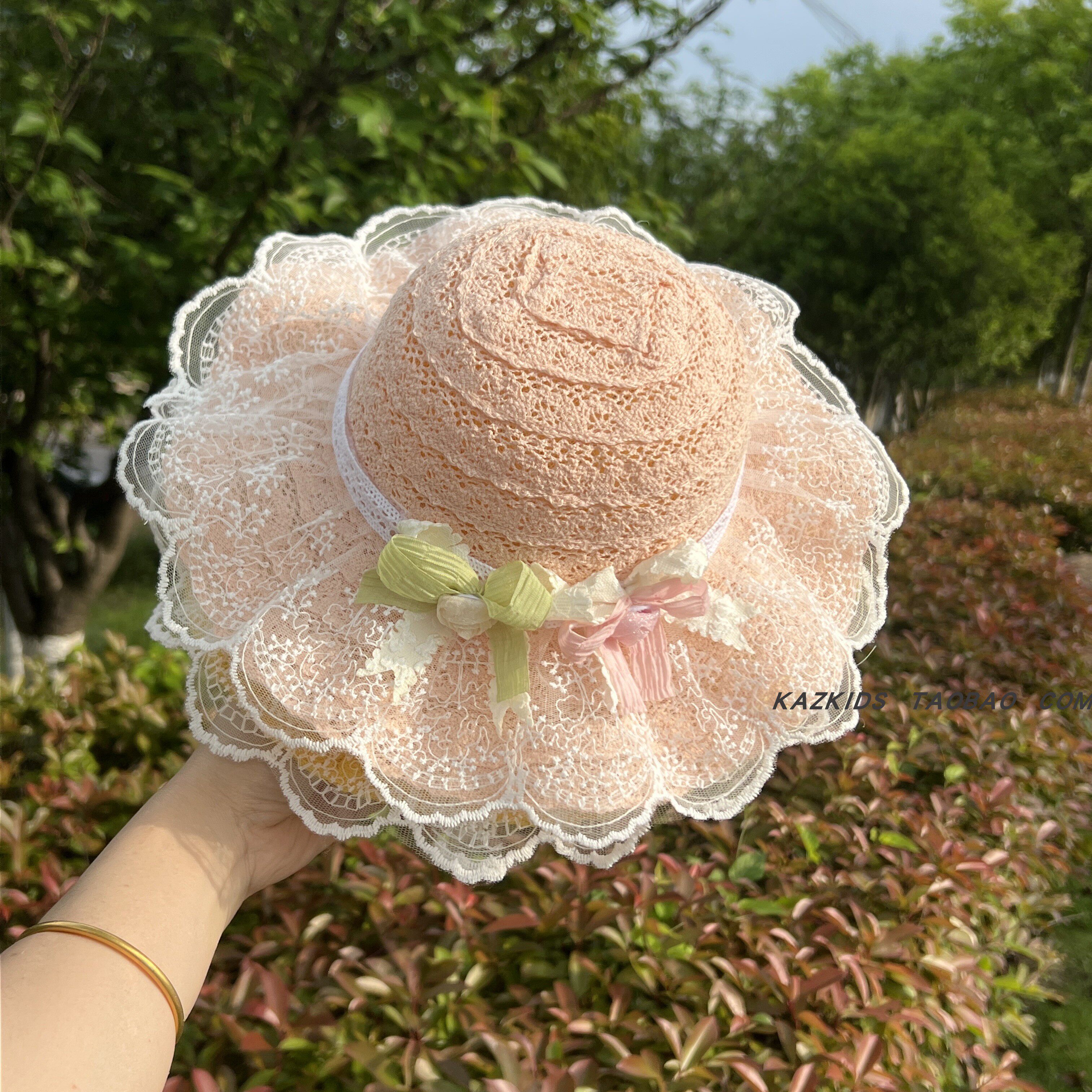 女童遮阳帽子夏季薄款韩系花边婴儿大檐太阳帽女宝宝公主防晒草帽