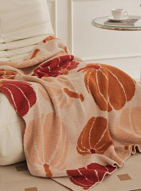 橙色南瓜提花图案针织毯子办公室午睡毯休闲搭毯冬季披肩家居装饰