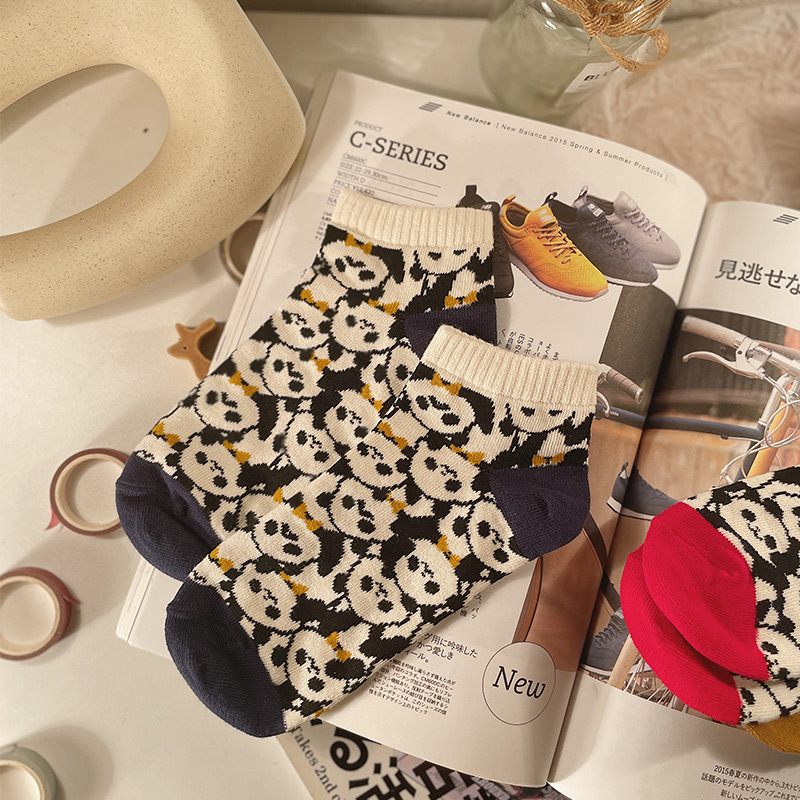 夏季韩版潮流可爱卡通熊猫男短棉袜 日系拼色时尚个性薄款船袜子