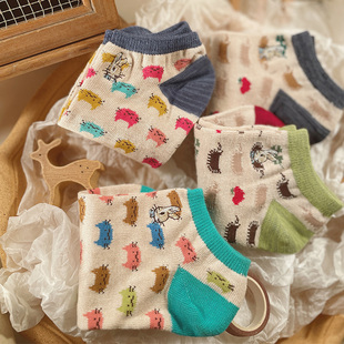 甜美可爱撞色时尚 夏季 韩版 薄款 隐形船袜子 日系刺绣卡通女短棉袜