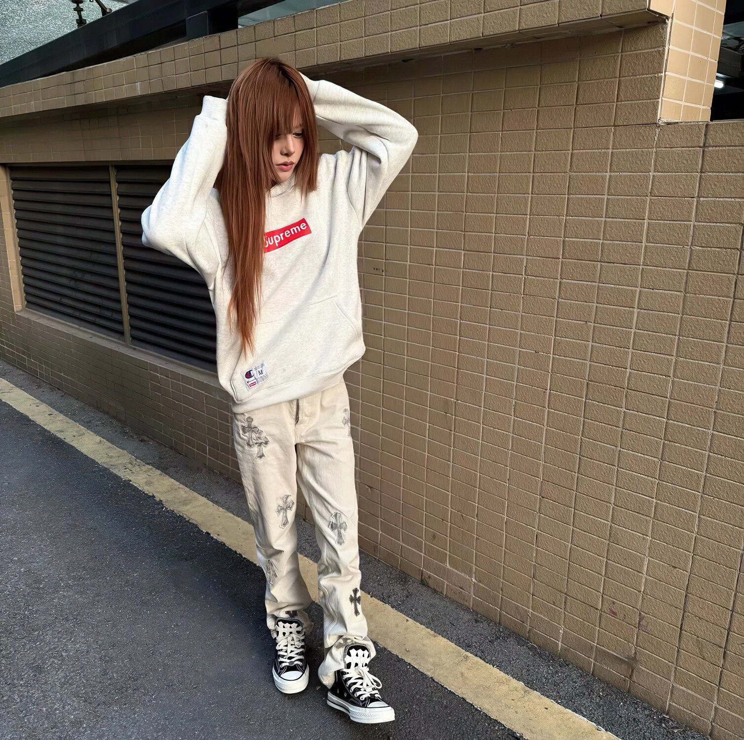 美式高街克罗风格十字架银马毛刺绣牛仔裤男女潮牌轻奢直筒长裤子
