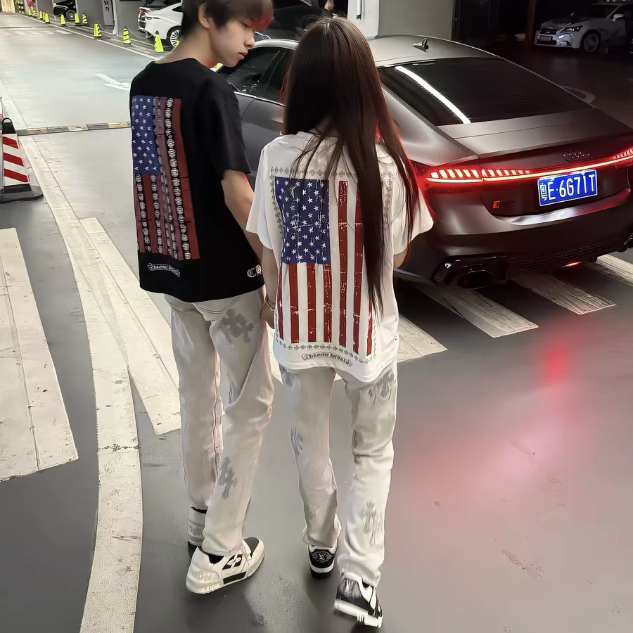 美式高街轻奢穿搭501十字架银马毛牛仔裤男女同款修身休闲长裤装