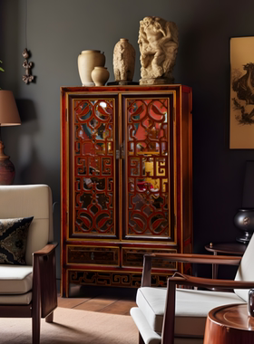 【本尼家】YS142法式中国风古典做旧红色立柜玄关柜102*46*173cm