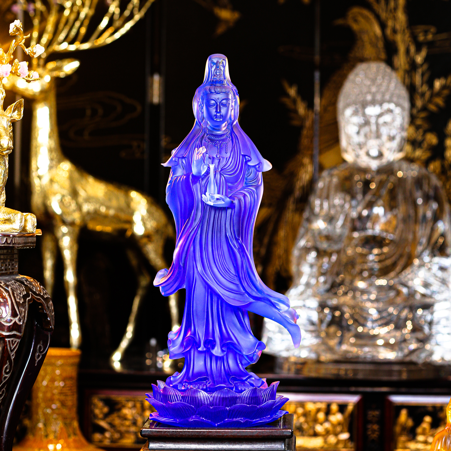 【本尼家】LL21非遗好物古法琉璃蓝色莲花观音家居桌面玄关摆件