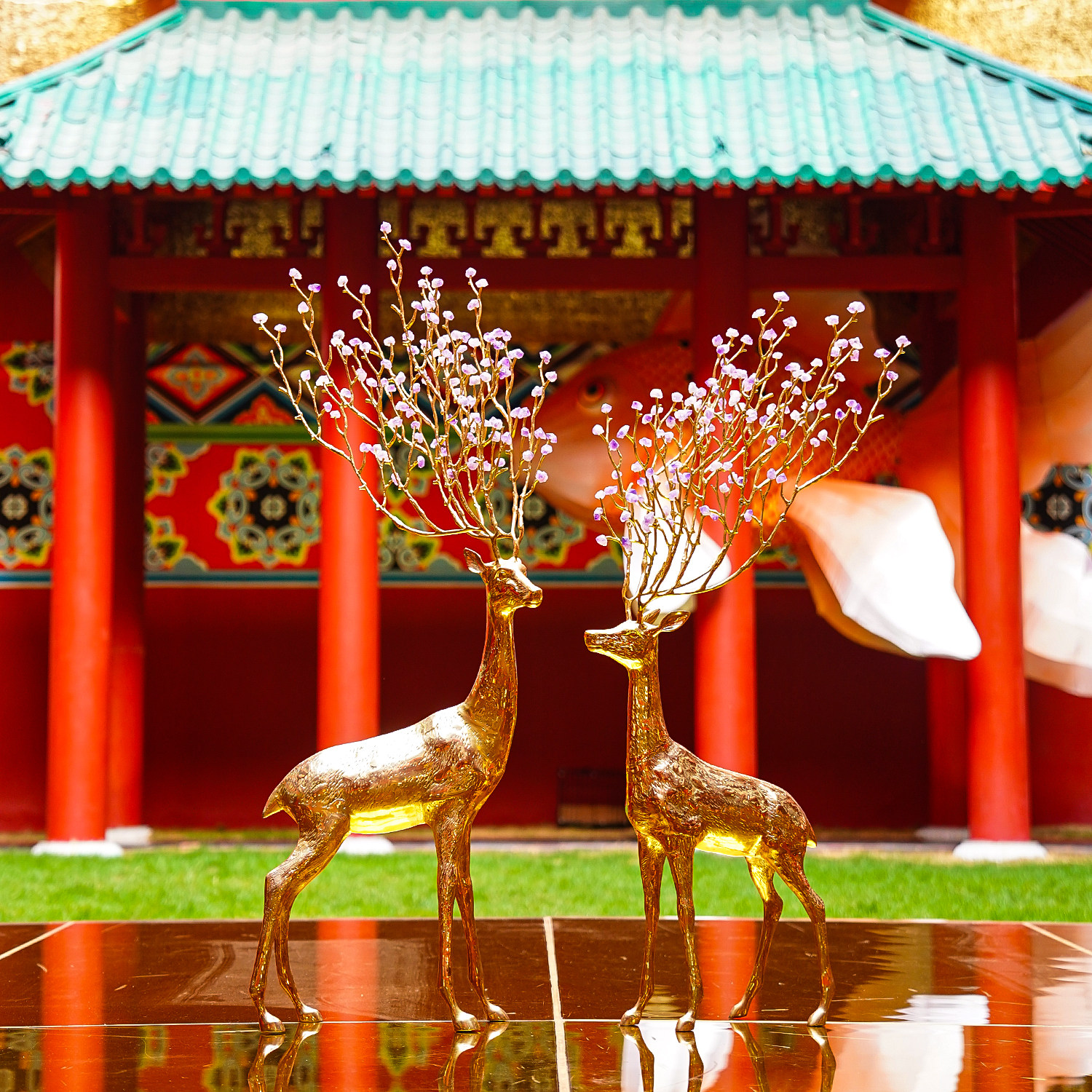 【本尼家】HY80大型落地金色紫水晶铜鹿高档大气客厅玄关装饰摆件