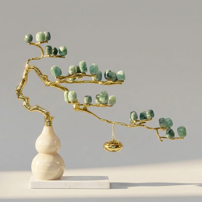 【本尼家】HY132新中式黄铜嵌绿萤石葫芦树吊式香炉玄关桌面摆件
