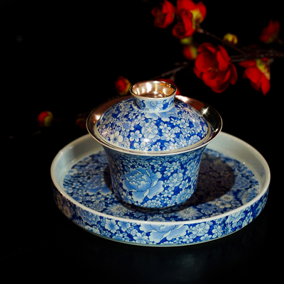 【本尼家】轻奢鎏银青花瓷盖碗办公杯茶承茶具茶台桌面摆件