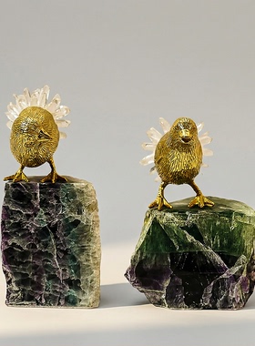 【本尼家】HY146新中式轻奢绿茵石黄铜小鸟家居装饰玄关桌面摆件