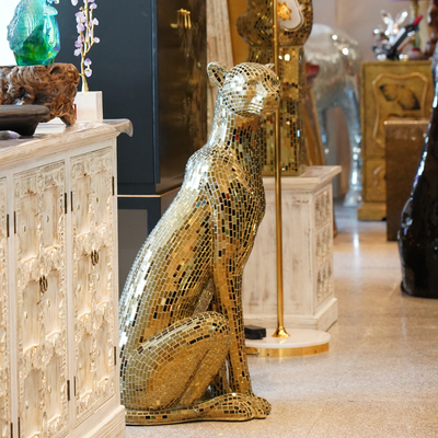 【本尼家】香槟金镜片中号豹子手工贴片户外装饰客厅玄关落地摆件