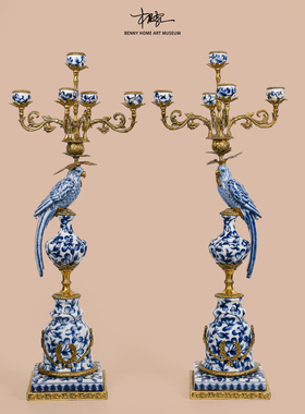 【本尼家】HX14新中式青花陶瓷镶铜鹦鹉蜡烛架玄关壁炉装饰