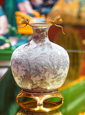 【本尼家】SS82中式高温陶瓷镶铜手绘鸟语花香花瓶冰裂纹装饰摆件