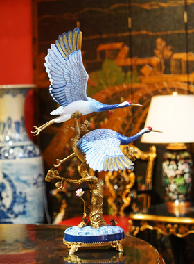 【本尼家】HX53欧式瓷镶铜装饰双飞鹤青花客厅台面玄关摆件