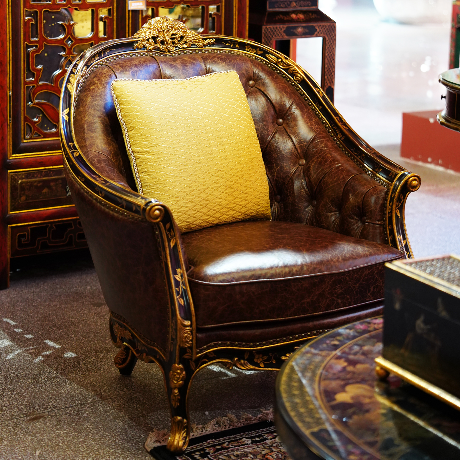 【本尼家】YS107法式中国风仿古刮花黑彩绘花卉图案单人位沙发