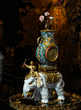 【本尼家】HX99新中式高温陶瓷镶铜大象钟客厅桌面装饰玄关摆件