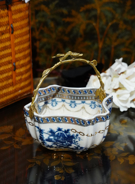 【本尼家】HX87轻奢法式陶瓷配铜四方提篮收纳盒客厅装饰玄关摆件