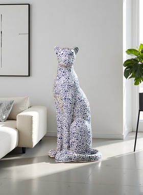 【本尼家】马赛克青花瓷手工贴片装饰客厅玄关摆件大号豹子