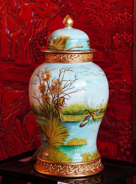 【本尼家】YS65手绘山水花鸟图案漆瓷小号将军罐桌面装饰玄关摆件