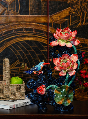 【本尼家】AM88非遗手工石湾陶瓷荷花翠鸟客厅桌面装饰玄关摆件