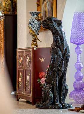 黑色豹子庭院装饰摆件