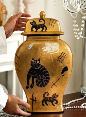 【本尼家】K26新中式手绘小猫陶瓷插花瓶客厅装饰收纳罐玄关摆件