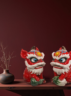 【本尼家】非遗手工石湾陶塑技艺中式陶瓷红色狮子桌面玄关摆件