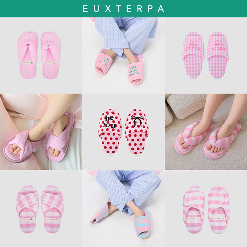 EUXTERPA欧特帕秋季粉色条纹刺绣防滑防臭透气居家拖鞋可外穿女鞋