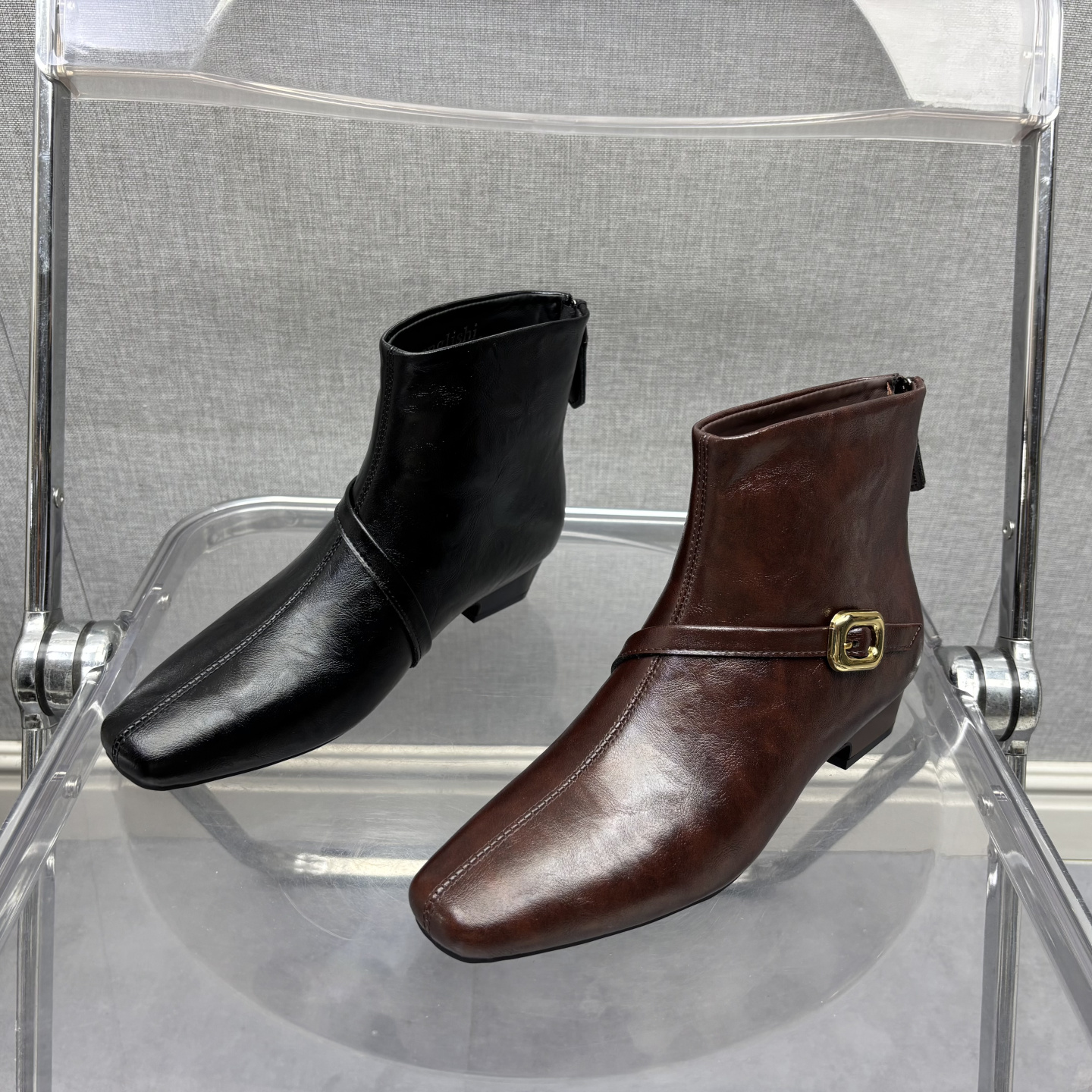 2025断码真皮秋冬新款女鞋粗跟短靴工厂方头牛皮拉链绒里女靴子