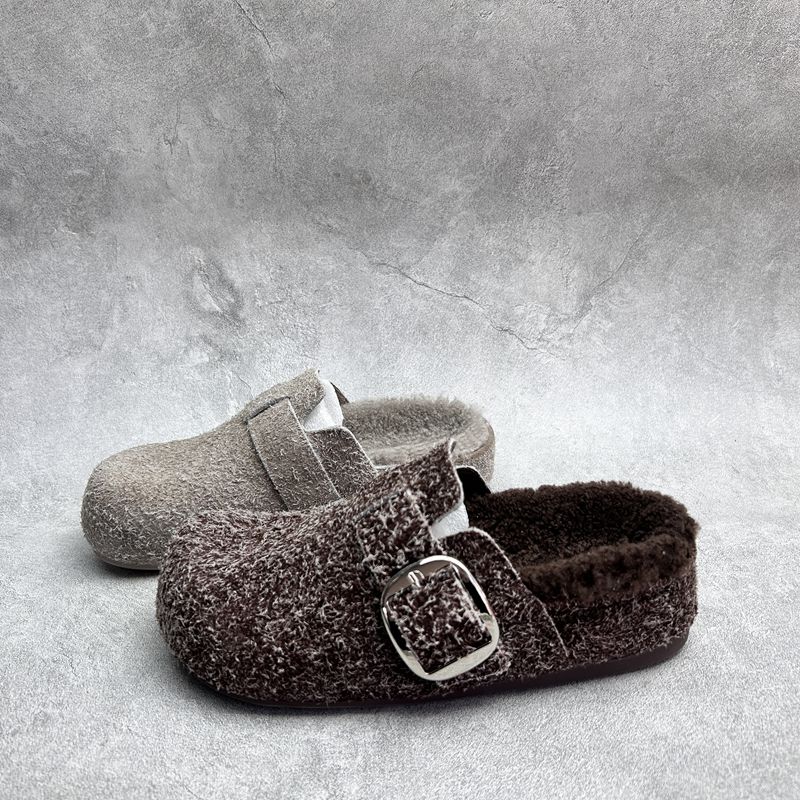 2025断码冬季新款厚底真皮女鞋工厂包头时尚套脚牛皮加绒女拖鞋