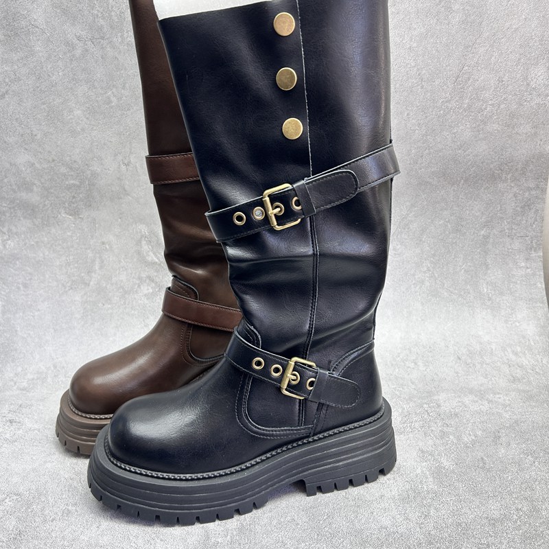 工厂2025秋季新款女鞋断码超纤厚底圆头短靴时尚加绒高靴女靴子