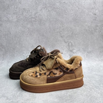 工厂断码真皮运动鞋女2025秋冬豹纹新款德训鞋毛口加棉厚底女板鞋