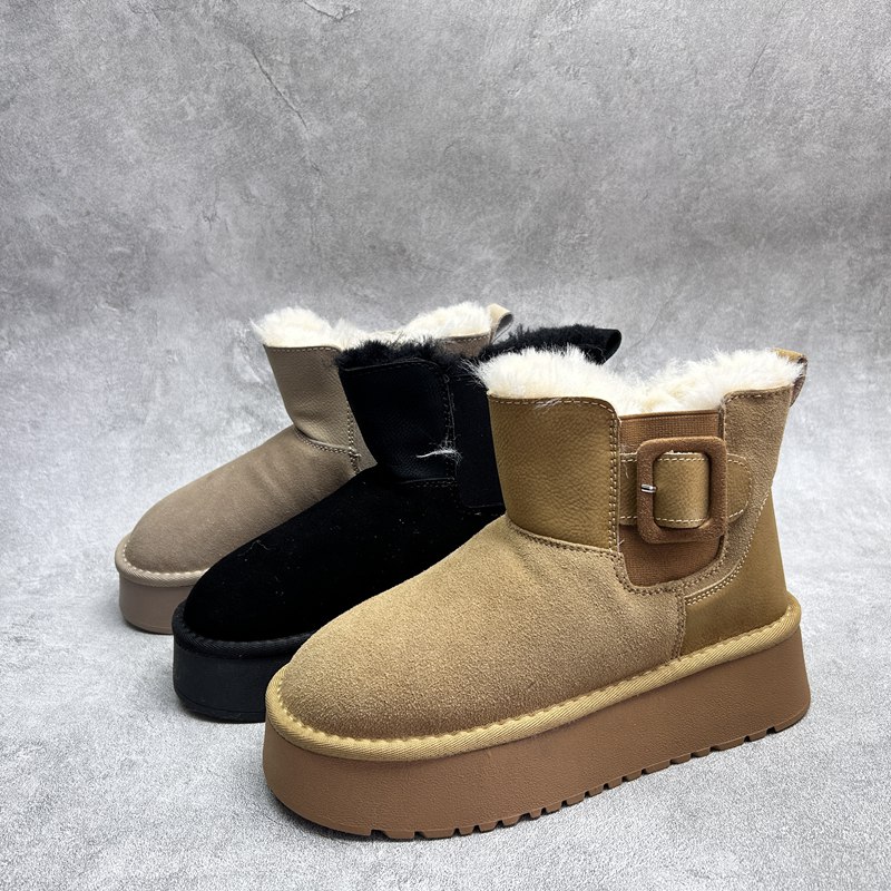工厂2025处理冬款断码真皮女鞋雪地靴牛皮厚底套脚绒里舒适女短靴