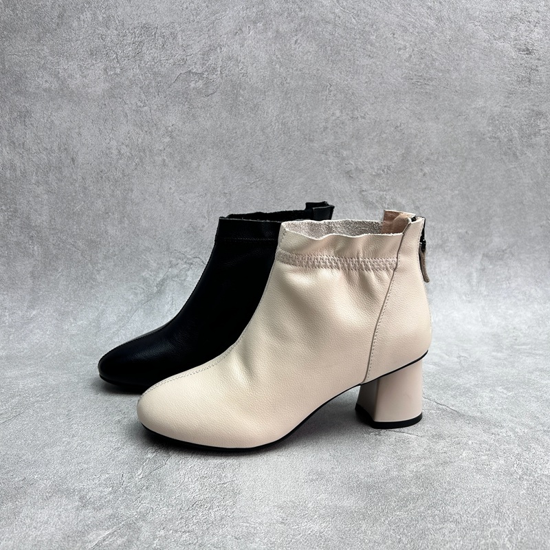 2025断码真皮秋冬新款女鞋粗跟短靴工厂时尚牛皮拉链单里女靴子