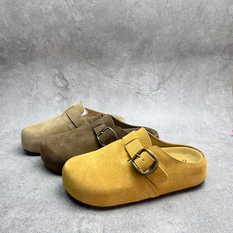 工厂26断码真皮春季新款女鞋厚底勃肯鞋圆头松糕底搭扣包头女拖鞋