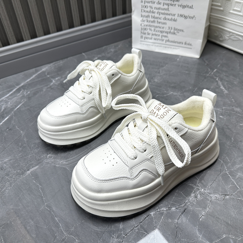 2025断码秋季真皮新款女鞋厚底休闲深口时尚牛皮系带加绒女棉鞋