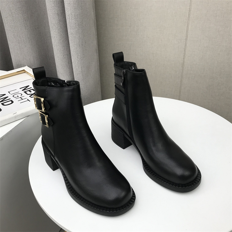 2021秋季断码真皮女鞋圆头百搭舒适加绒中粗跟短靴牛皮女靴子工厂
