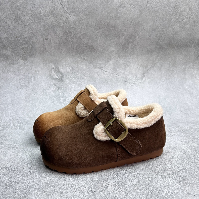 工厂25断码真皮秋季新款女鞋厚底勃肯鞋圆头松糕底套脚包头加绒