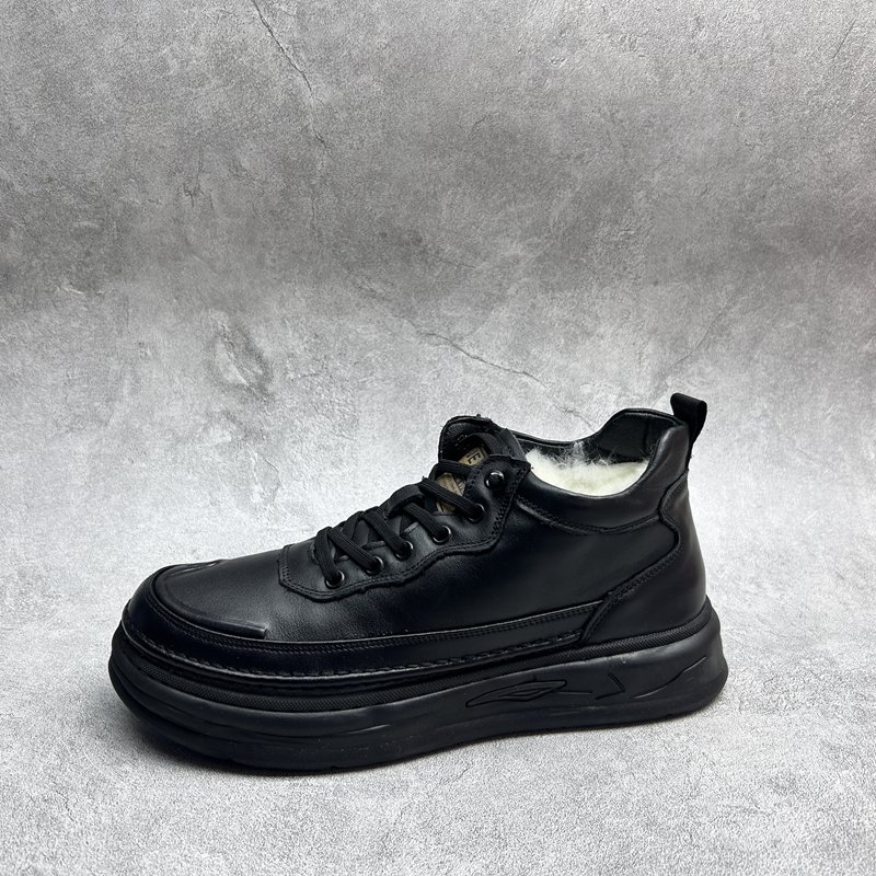 2025冬季新款真皮男鞋平底男单鞋时尚套脚圆头牛皮舒适羊毛男棉鞋