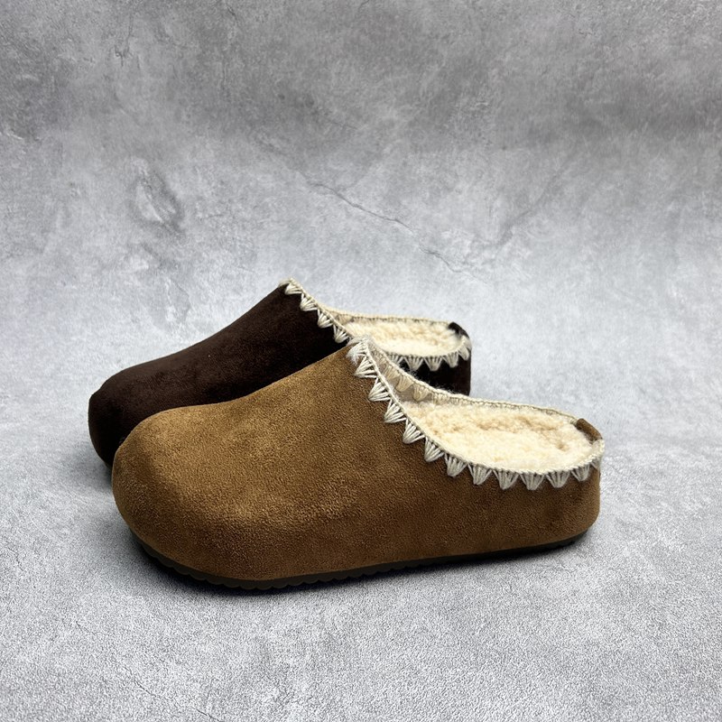 2025冬季新款厚底绒面女鞋包头加绒棉拖百搭舒适套脚休闲女拖鞋