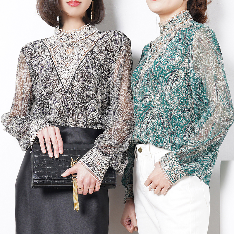 通勤镂空刺绣印花立领真丝衬衫