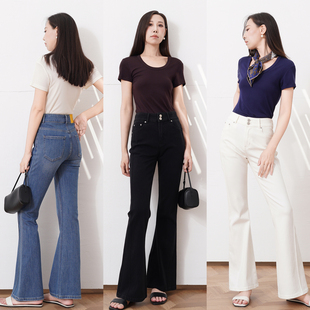 设计感分割线高腰双纽扣土耳其修身显瘦弹力微喇牛仔裤长裤女