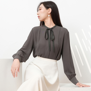 高级感重磅鬼绉真丝飘带衬衫 通勤上衣2026春夏 女桑蚕丝内搭长袖