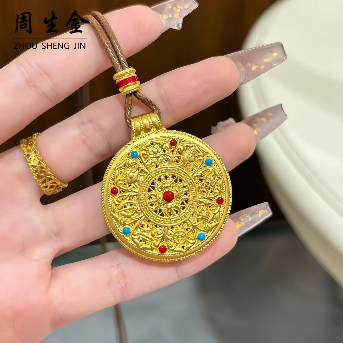 老铺同款沙金八宝罗盘金刚杵镂空吊坠珐琅彩吉祥八宝项链坠女首饰图片